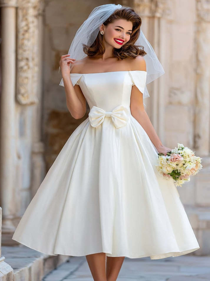 Ivory Off the Shoulder A Line Midi Registry Office Wedding Dress with Bow - VelvetHem