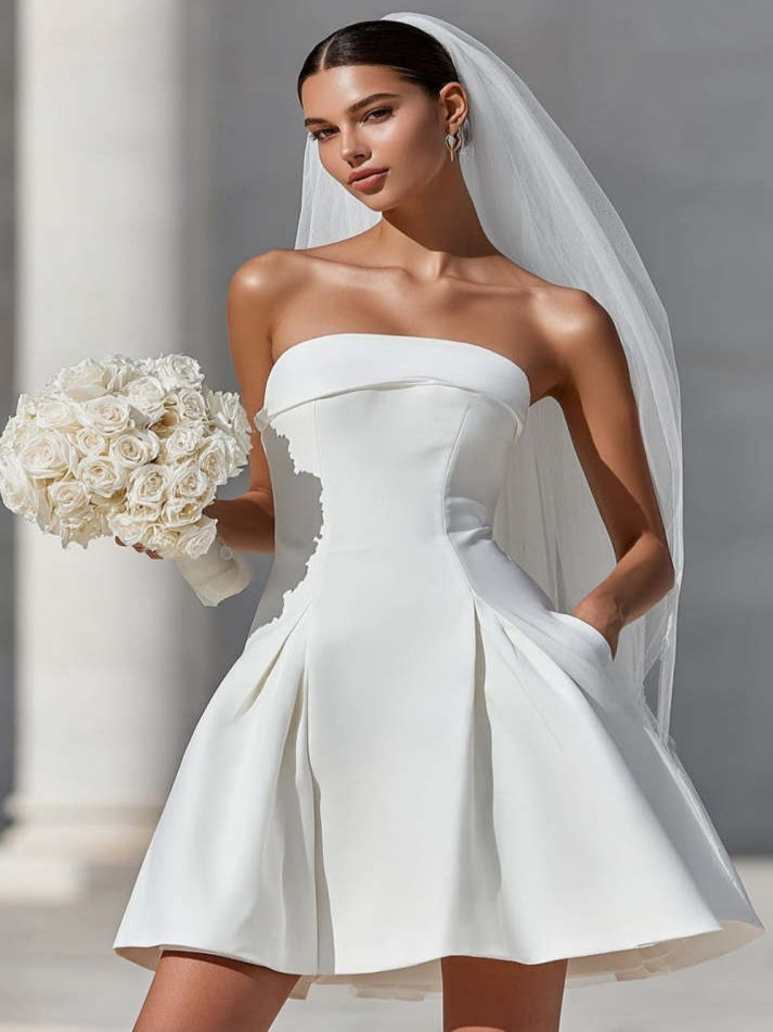 White Strapless A Line Satin Short Wedding Dress with Pocket