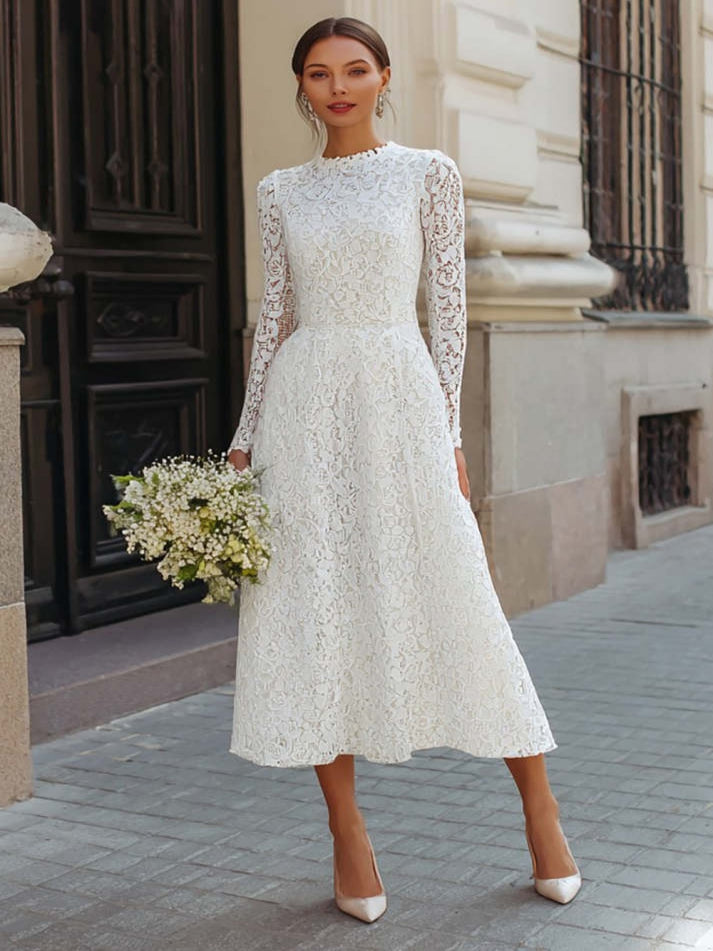 Ivory A Line Lace Round Neck Maxi Boho Wedding Dress with Sleeves