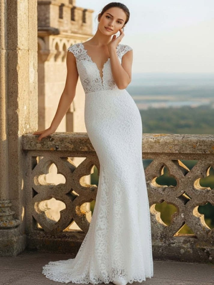 White Mermaid Lace V-Neck Long Wedding Dress - VelvetHem