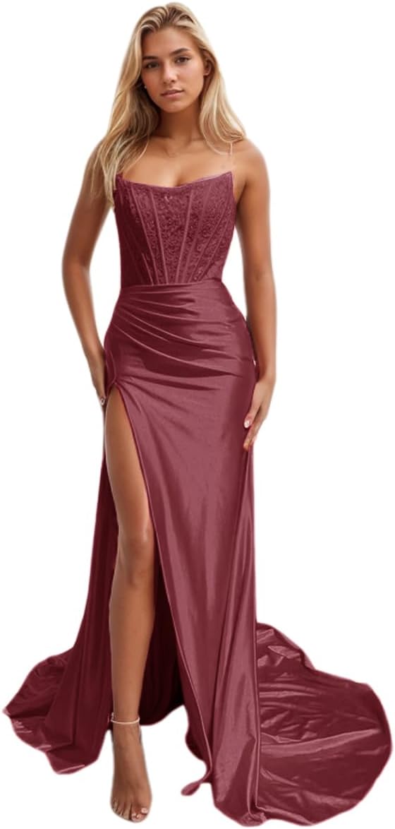 Women's Satin Lace Mermaid Prom Dresses Long with Slit 2025 Strapless Formal Evening Party Gown