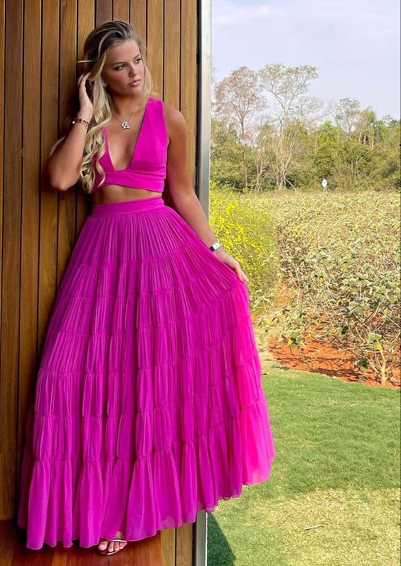Hot Pink Two Piece Prom Dress, Evening Dress