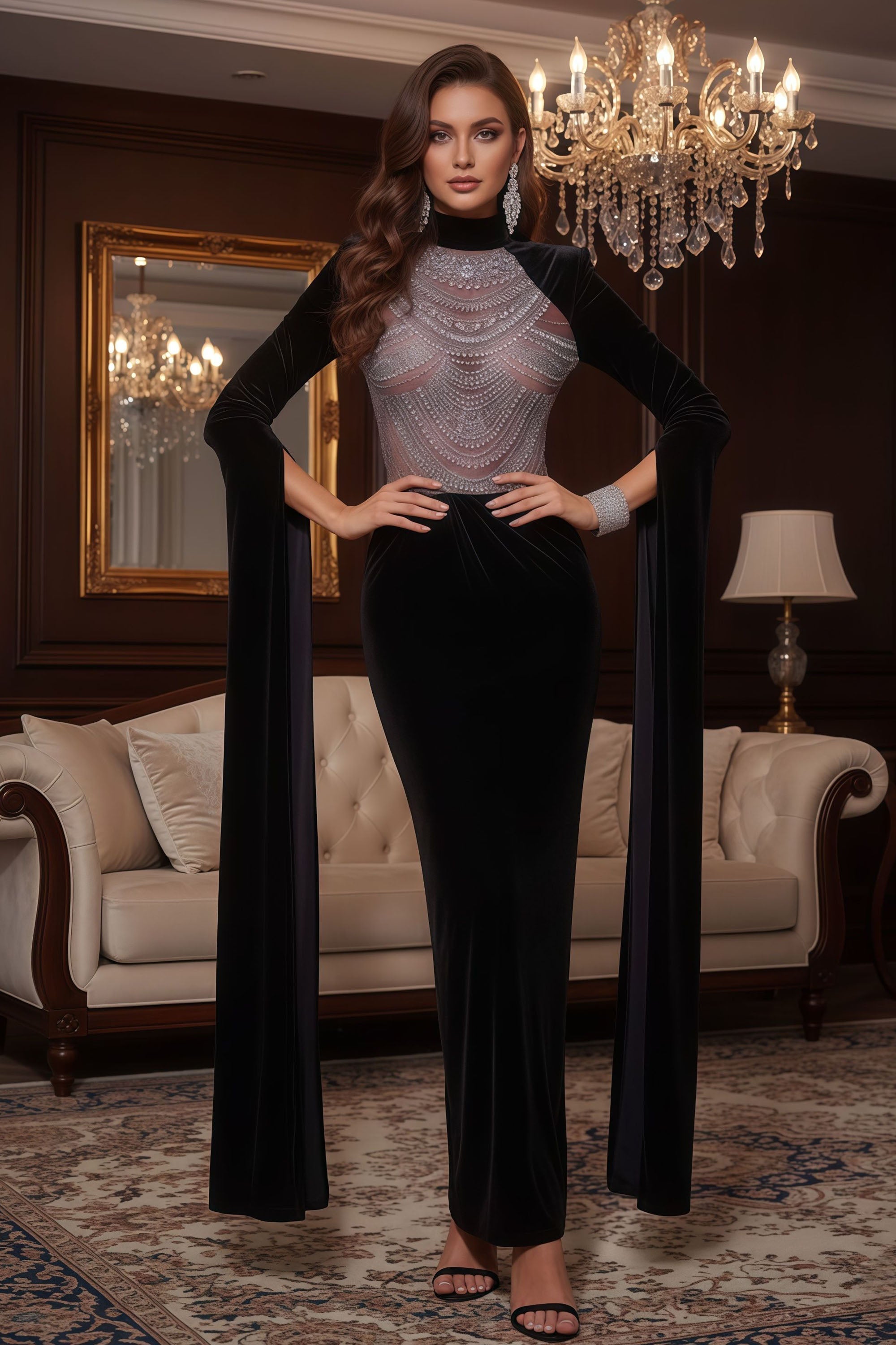 Velvet Maxi Gown With Embellished Illusion Bodice And Sleeves - VelvetHem