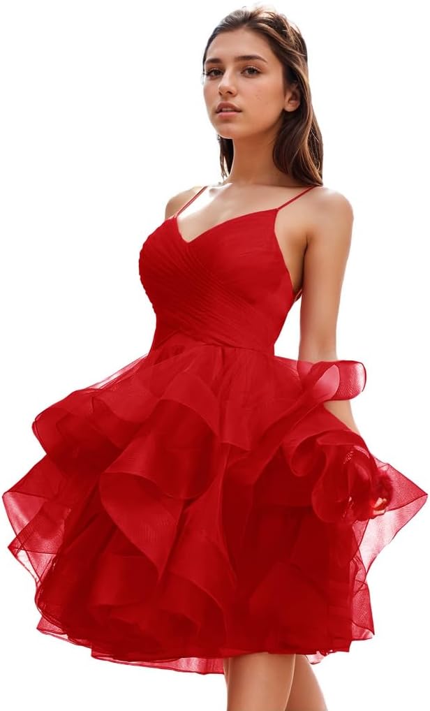 Women's Puffy Ruffle Short Homecoming Dress Tull Tutu Prom Dress V Neck Formal Party Gown