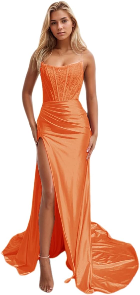 Women's Satin Lace Mermaid Prom Dresses Long with Slit 2025 Strapless Formal Evening Party Gown