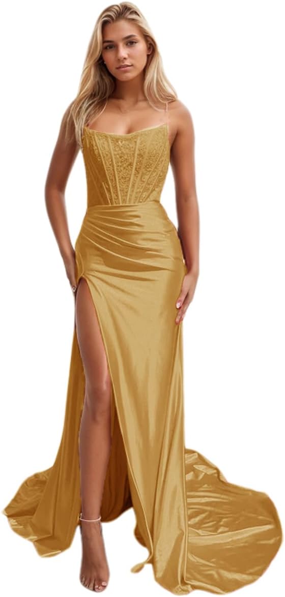 Women's Satin Lace Mermaid Prom Dresses Long with Slit 2025 Strapless Formal Evening Party Gown