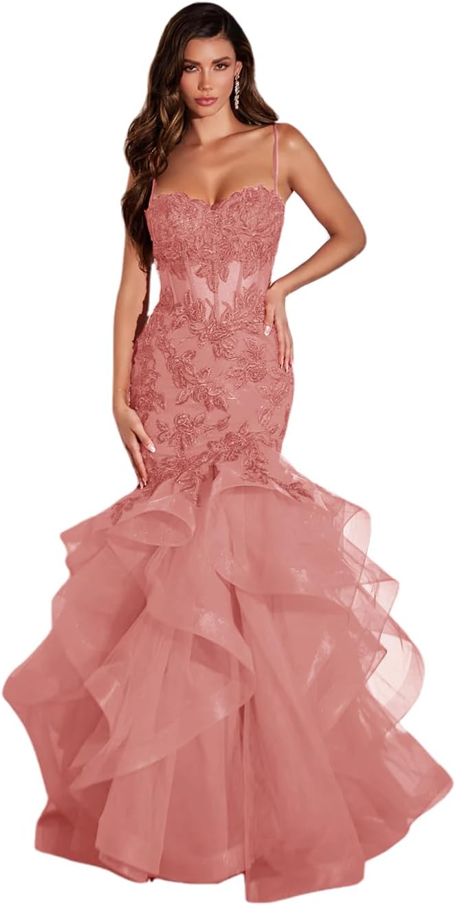 Women's Lace Applique Tulle Prom Dresses Long Mermaid Ruffles Sparkly Formal Evening Party Gown