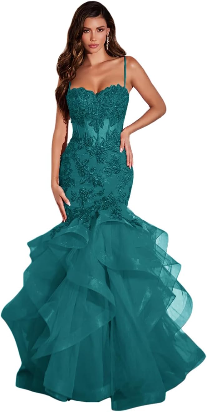 Women's Lace Applique Tulle Prom Dresses Long Mermaid Ruffles Sparkly Formal Evening Party Gown