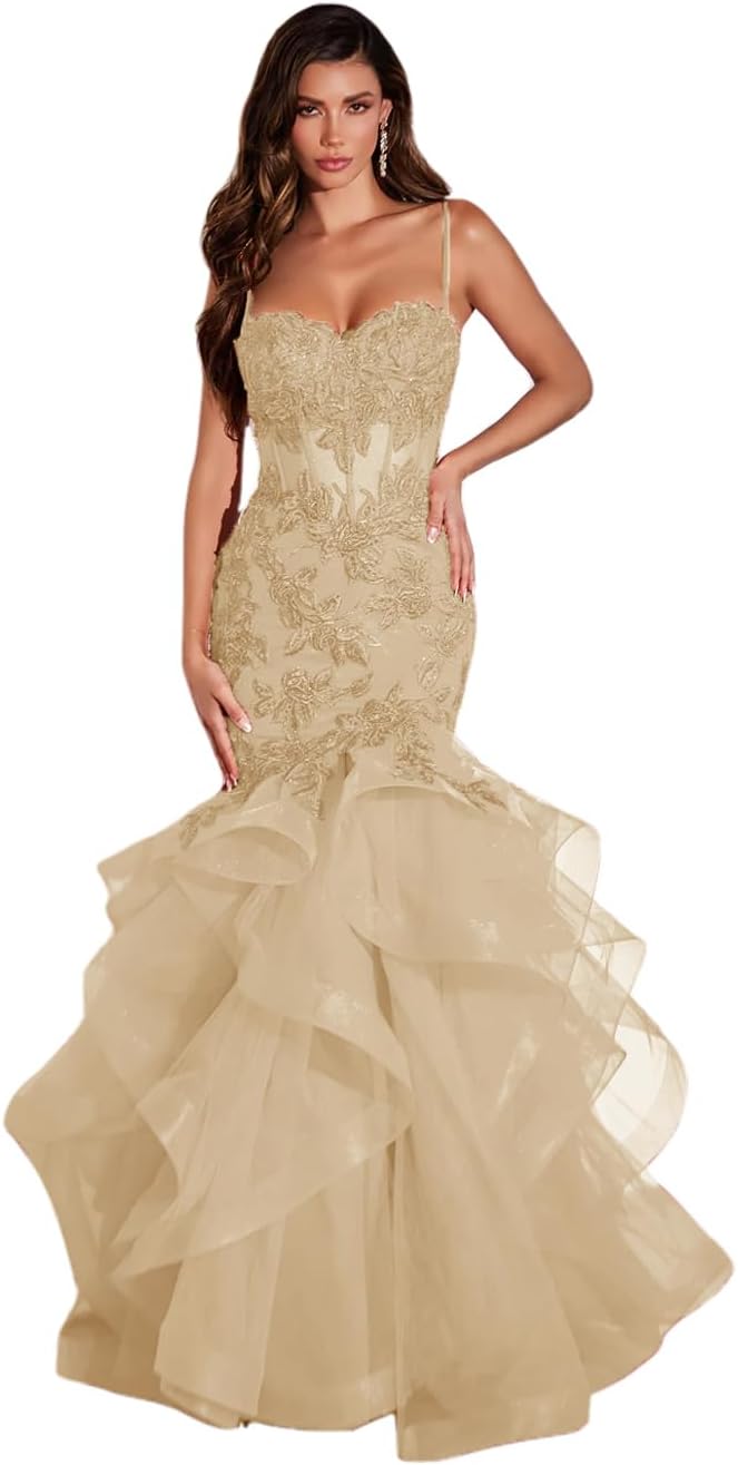 Women's Lace Applique Tulle Prom Dresses Long Mermaid Ruffles Sparkly Formal Evening Party Gown
