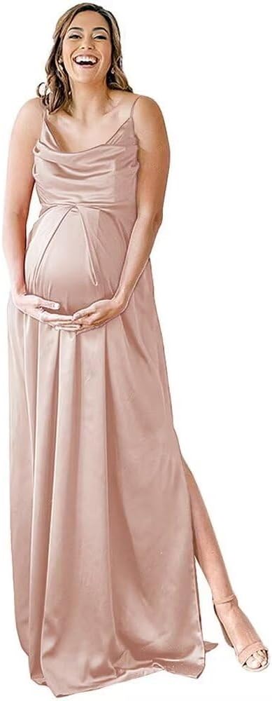 Spaghetti Strap Maternity Bridesmaid Dress for Photoshoot Long Satin Leg Split Pregnant Prom Party Gown