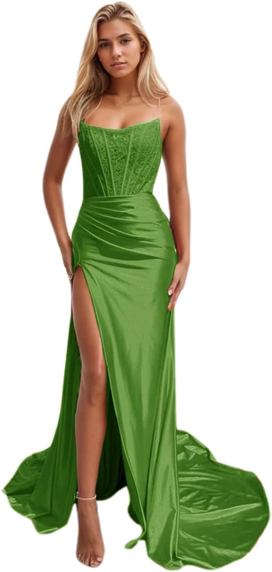 Women's Satin Lace Mermaid Prom Dresses Long with Slit 2025 Strapless Formal Evening Party Gown