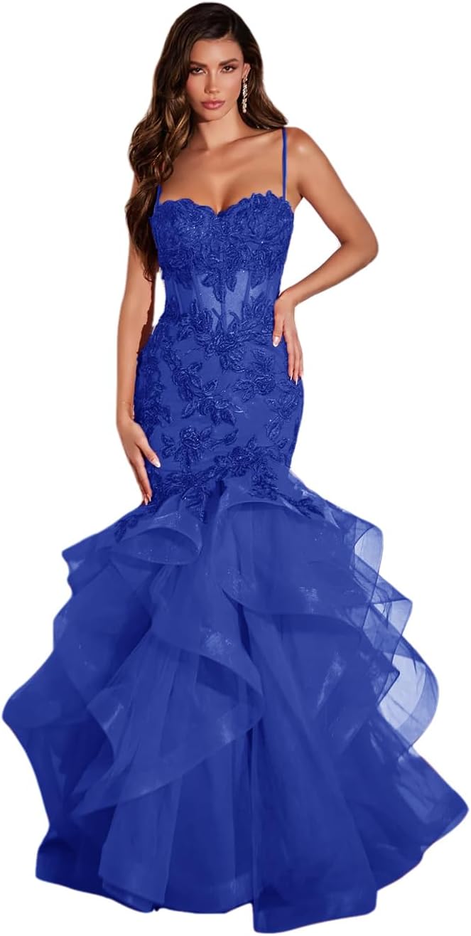 Women's Lace Applique Tulle Prom Dresses Long Mermaid Ruffles Sparkly Formal Evening Party Gown