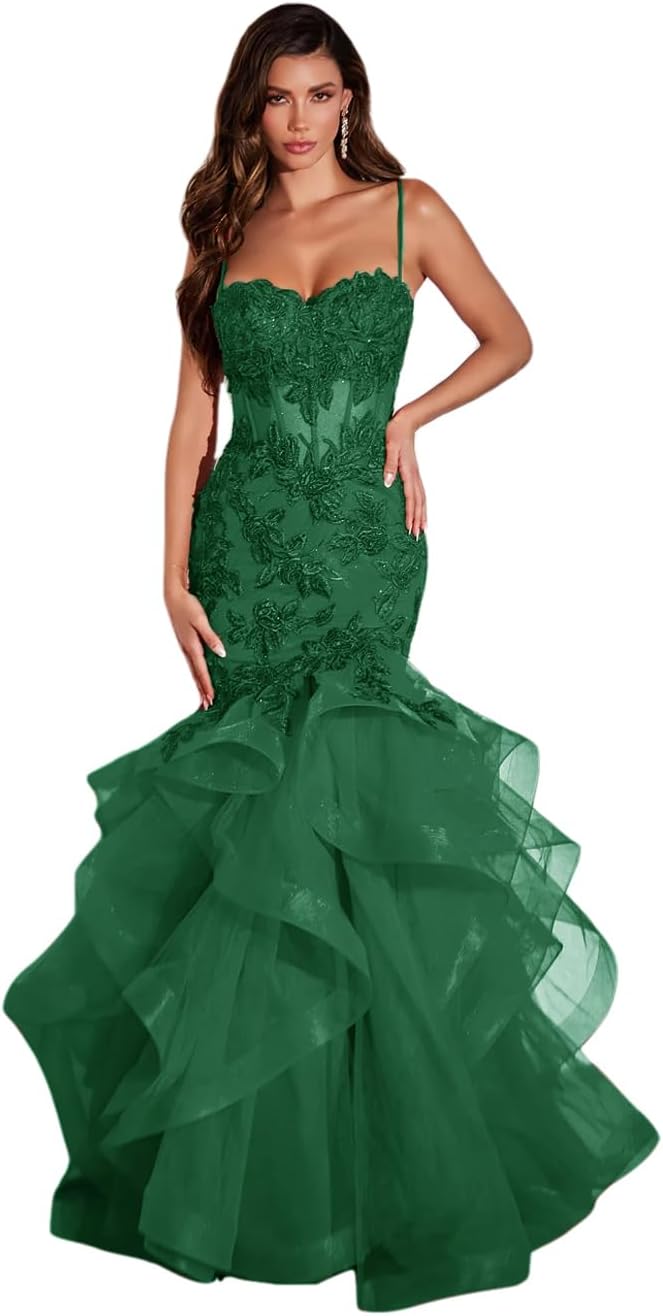 Women's Lace Applique Tulle Prom Dresses Long Mermaid Ruffles Sparkly Formal Evening Party Gown