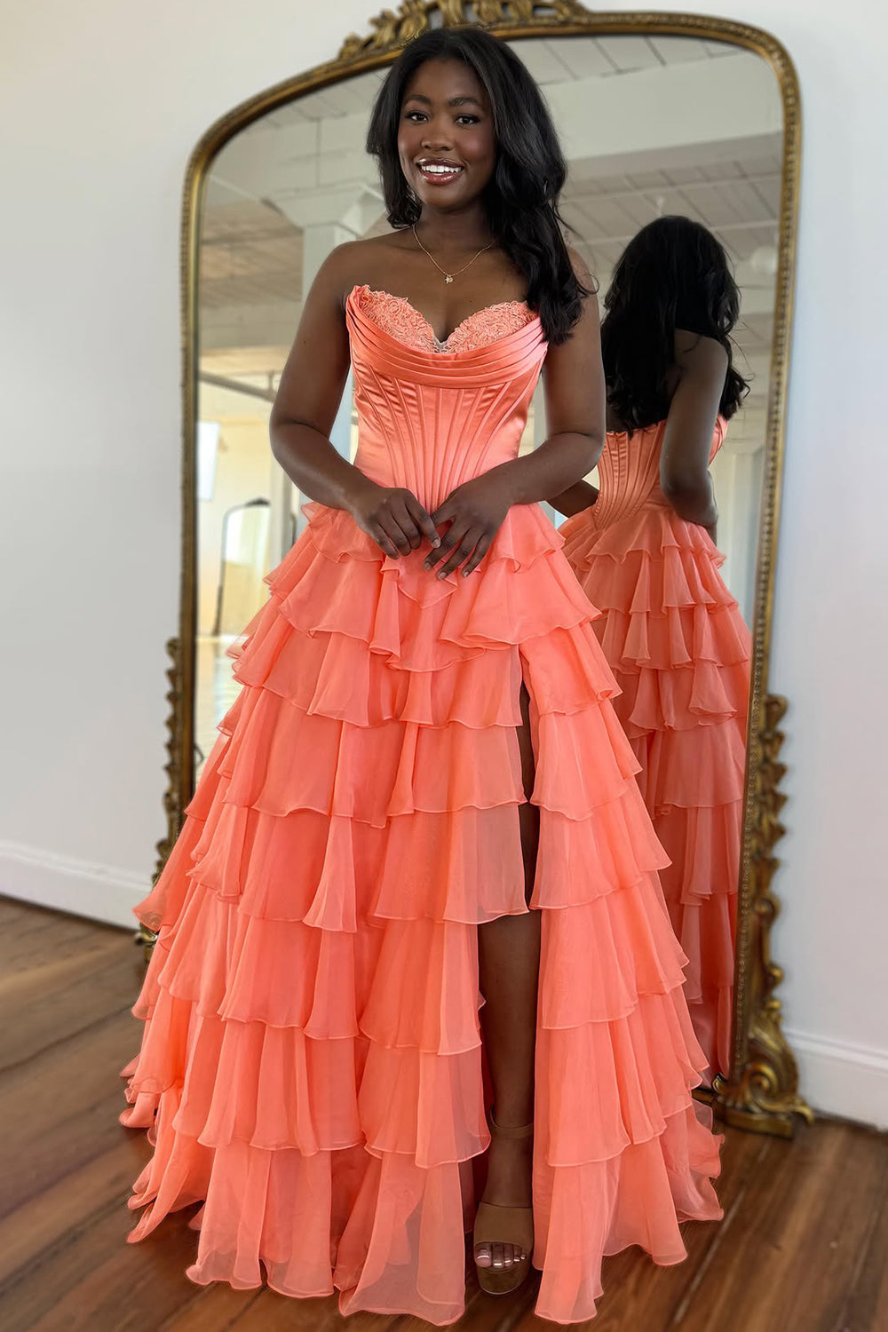 Stunning A-Line Sweetheart Satin Top Long Tiered Chiffon Prom Dress with Slit - View 6 | VelvetHem