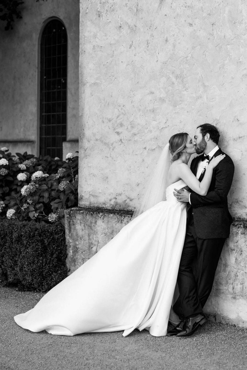 Classic A Line Strapless White Satin Long Wedding Dress with Sweep Train - View 6 | VelvetHem