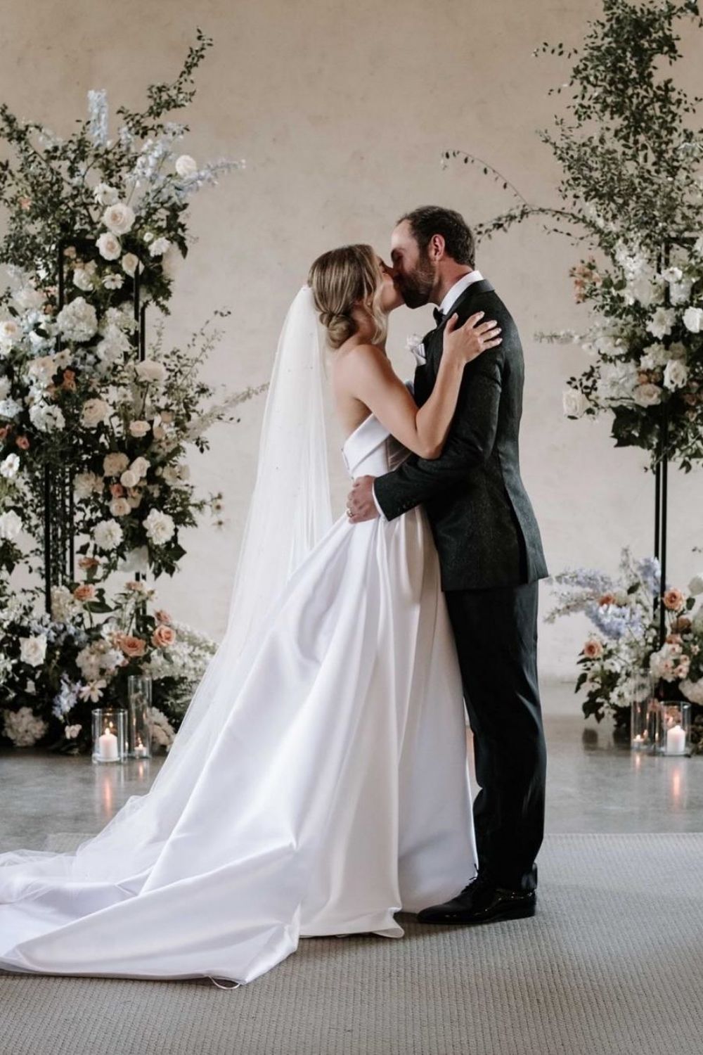 Classic A Line Strapless White Satin Long Wedding Dress with Sweep Train - View 2 | VelvetHem