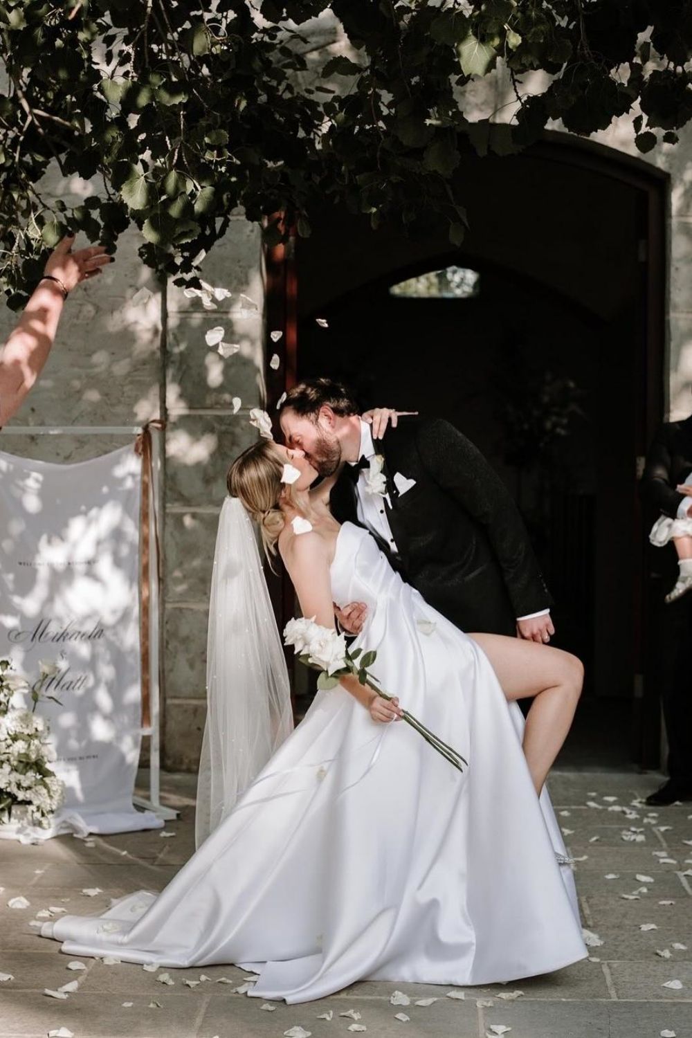 Classic A Line Strapless White Satin Long Wedding Dress with Sweep Train - View 3 | VelvetHem