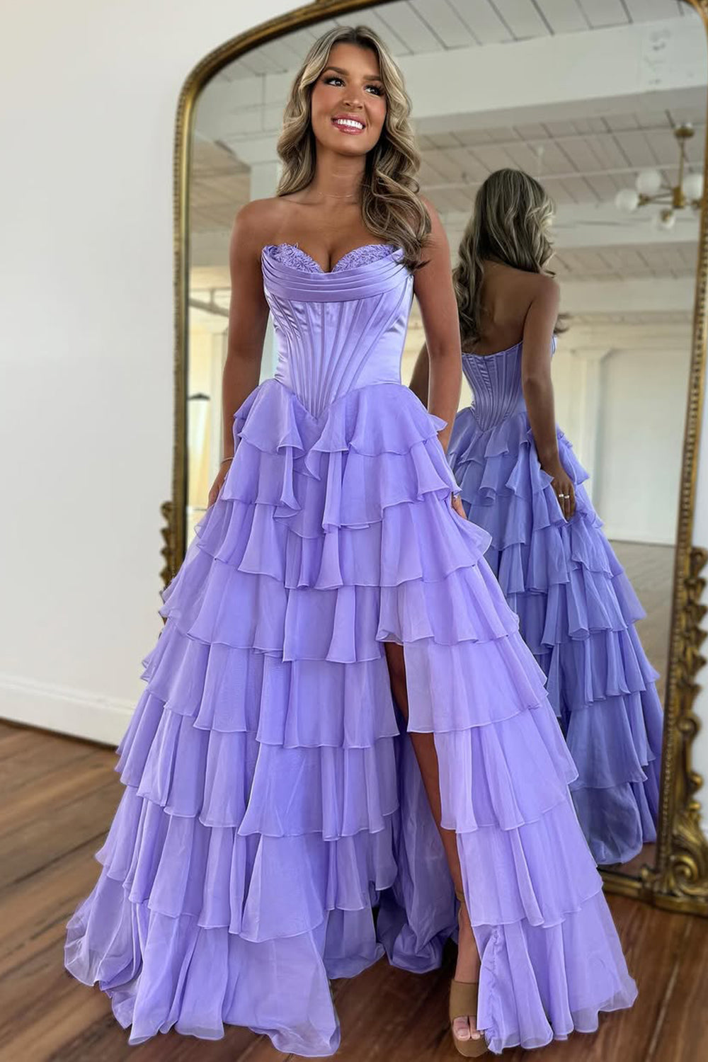 Stunning A-Line Sweetheart Satin Top Long Tiered Chiffon Prom Dress with Slit - View 4 | VelvetHem