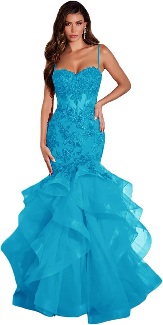 Women's Lace Applique Tulle Prom Dresses Long Mermaid Ruffles Sparkly Formal Evening Party Gown