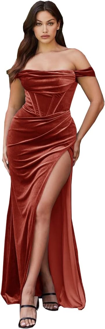 Women's Velvet Slit Mermaid Prom Dress Long Off Shoulder Bridesmaid Dress Strapless Party Gown