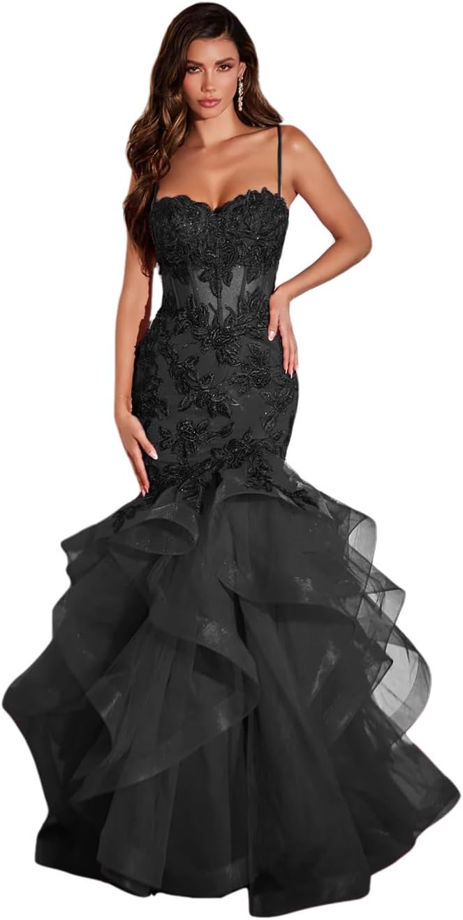 Women's Lace Applique Tulle Prom Dresses Long Mermaid Ruffles Sparkly Formal Evening Party Gown