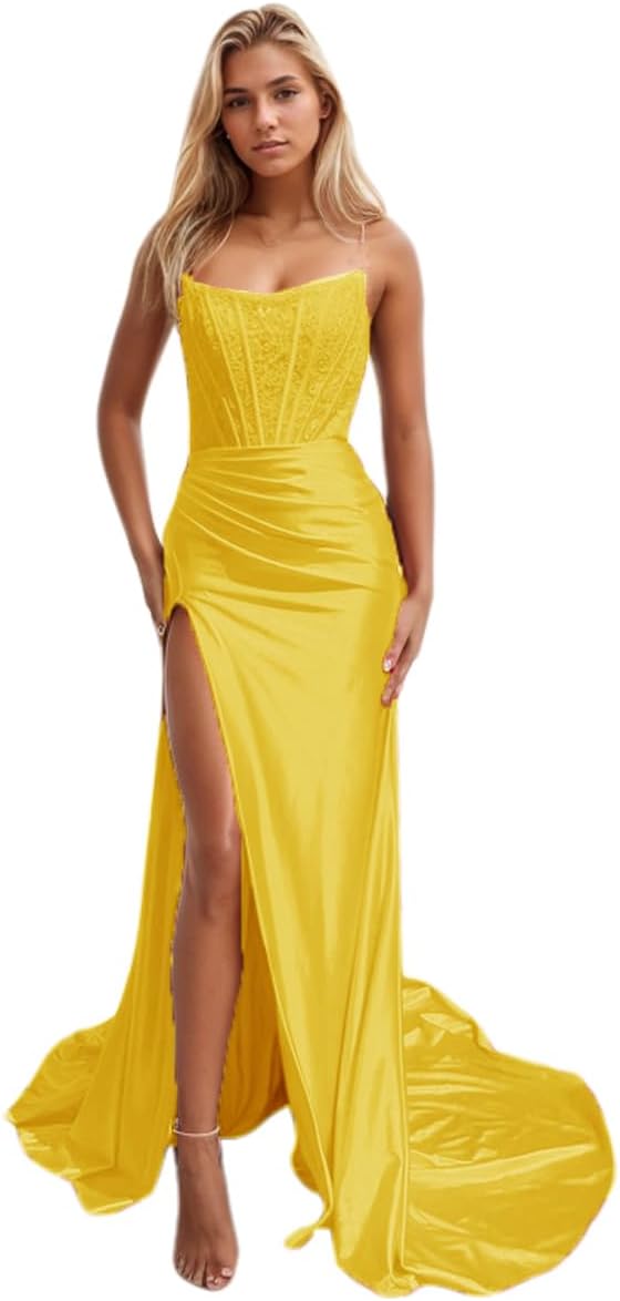Women's Satin Lace Mermaid Prom Dresses Long with Slit 2025 Strapless Formal Evening Party Gown