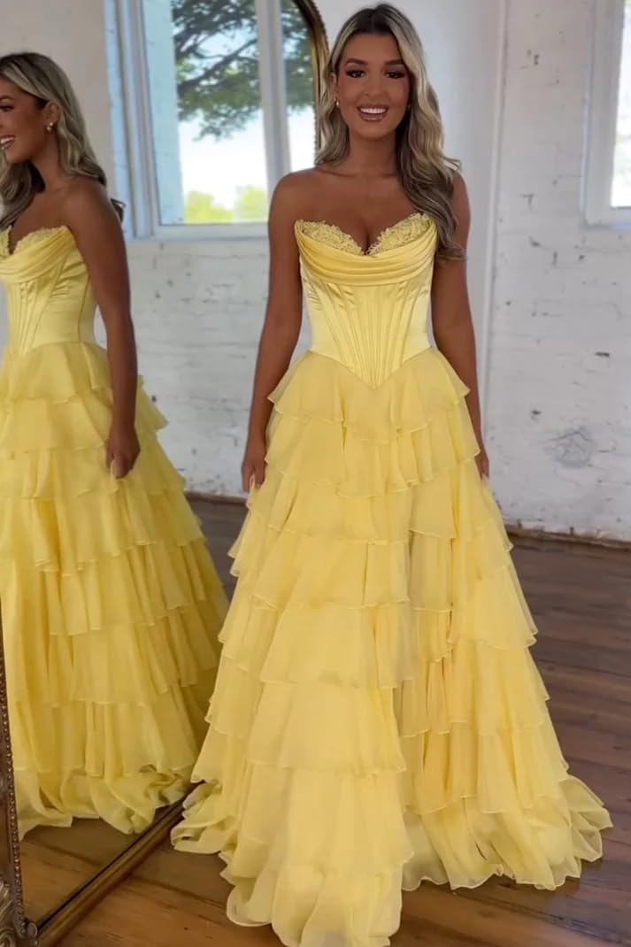 Strapless Corset Prom Dresses for Women 2025 Long Tiered Ruffle Chiffon Formal Evening Gown with Slit