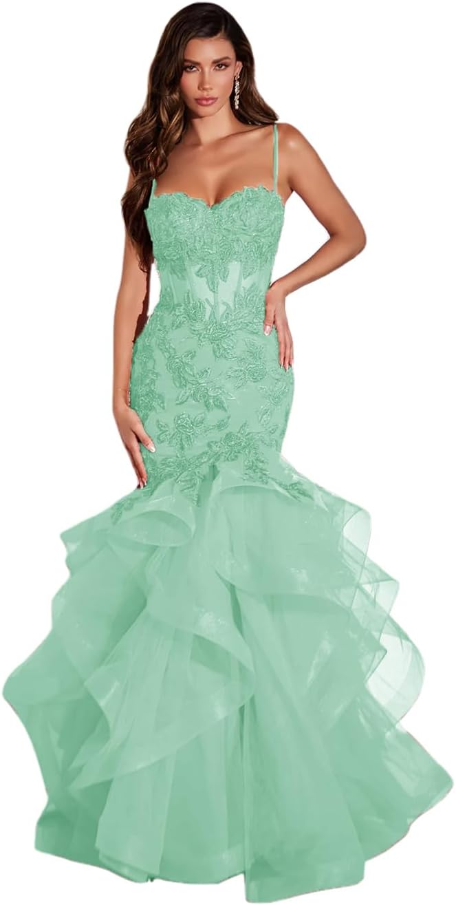 Women's Lace Applique Tulle Prom Dresses Long Mermaid Ruffles Sparkly Formal Evening Party Gown