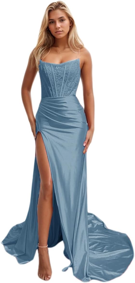 Women's Satin Lace Mermaid Prom Dresses Long with Slit 2025 Strapless Formal Evening Party Gown