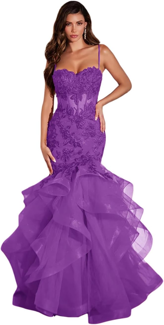 Women's Lace Applique Tulle Prom Dresses Long Mermaid Ruffles Sparkly Formal Evening Party Gown