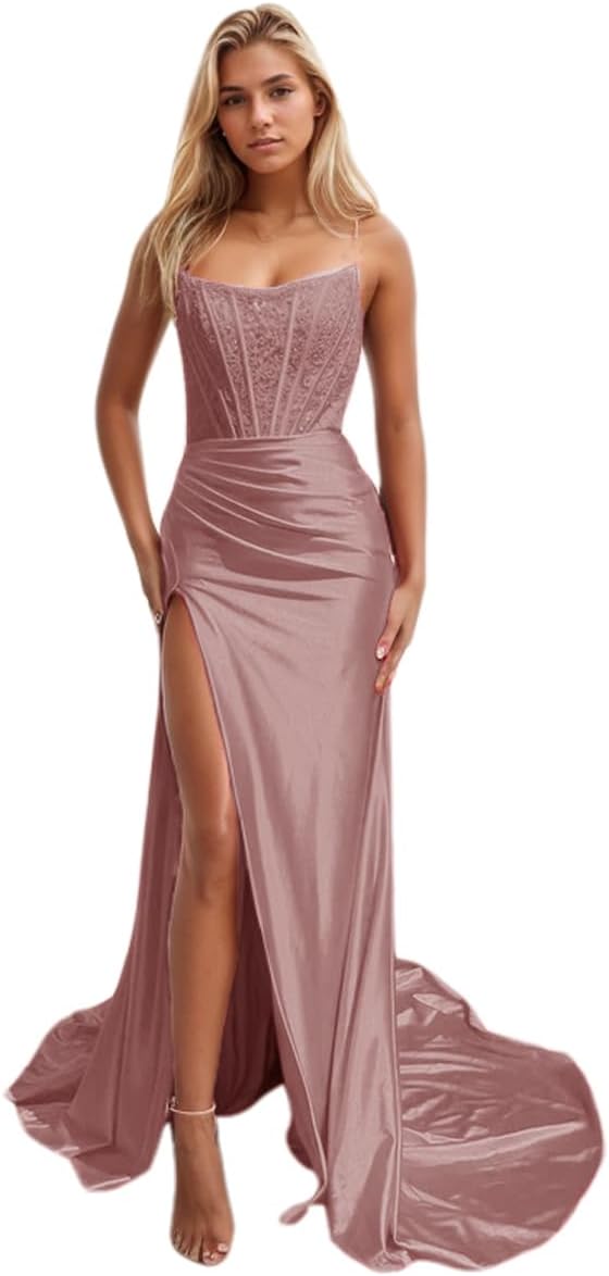 Women's Satin Lace Mermaid Prom Dresses Long with Slit 2025 Strapless Formal Evening Party Gown