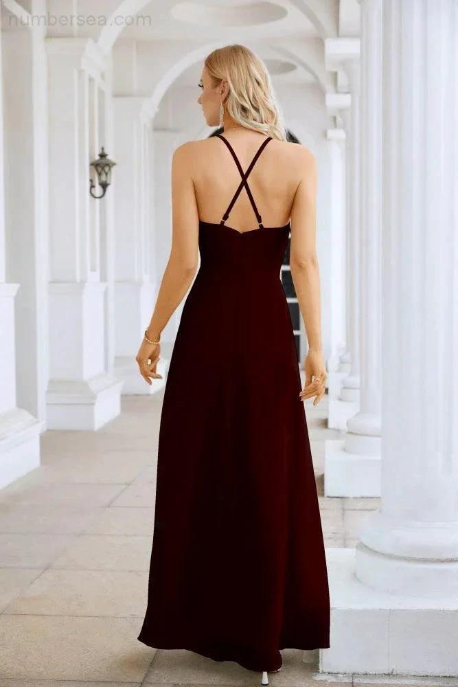 Ladies Chiffon Spaghetti Strap V Neck Front Slit Floor Length Bridesmaid Evening Dress Prom Party Wedding Evening Dress 28116 (ZD17012)