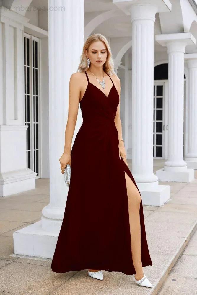 Ladies Chiffon Spaghetti Strap V Neck Front Slit Floor Length Bridesmaid Evening Dress Prom Party Wedding Evening Dress 28116 (ZD17012)