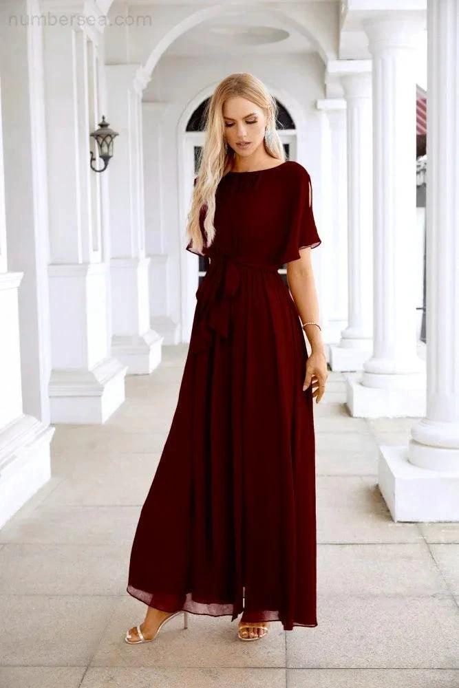 Ladies Chiffon Sleeve Crew Neck Front Slit Floor Length Bridesmaid Evening Dress Wedding Party Evening Dress 28124 (ZD17007)