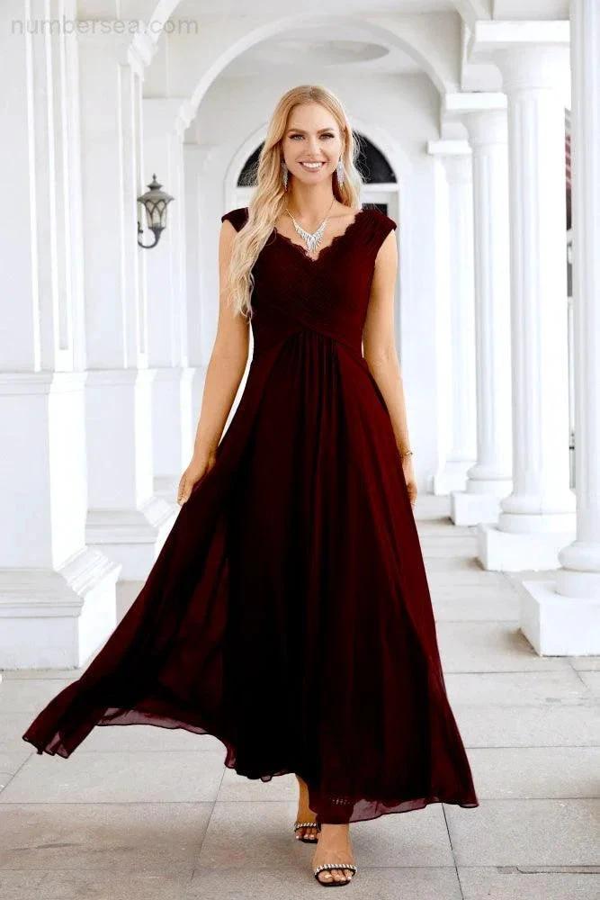 Ladies Chiffon V Neck Sleeveless Floor Length Bridesmaid Evening Dress Wedding Party Evening Dress 28126 (ZD16989)