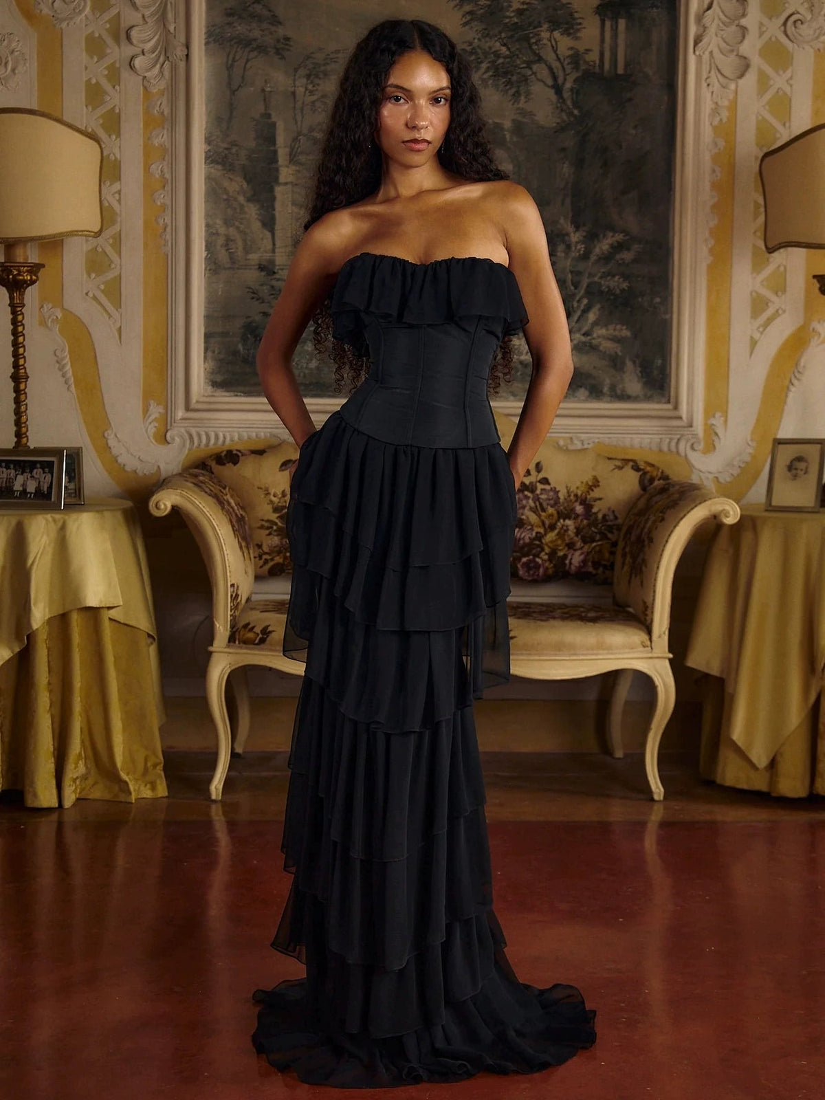 Vintage Black Strapless Ruffle Gown - Sheer Waist-Cinching Evening Dress for Gala & Runway - VelvetHem