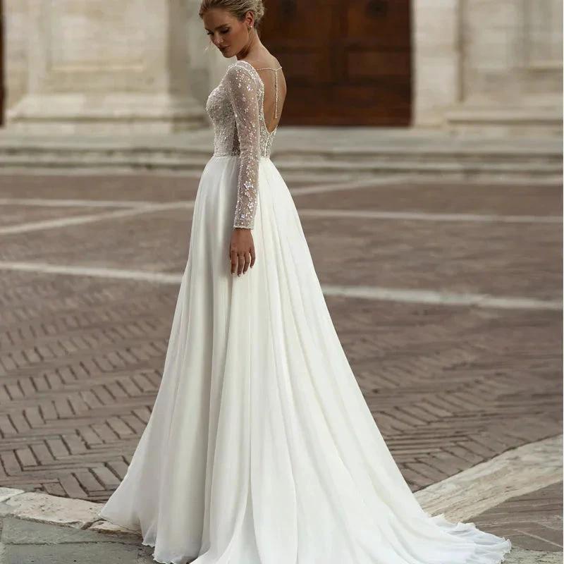 Modern Long Sleeve Wedding Dresses Simple Chiffon Lace Sequined Bridal Gowns Charming Backless A-Line vestidos de noiva (ZD13380)