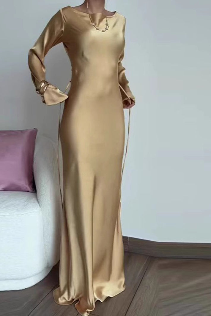 Round Neck Long Sleeve Tie-Waist Silk Dress - VelvetHem