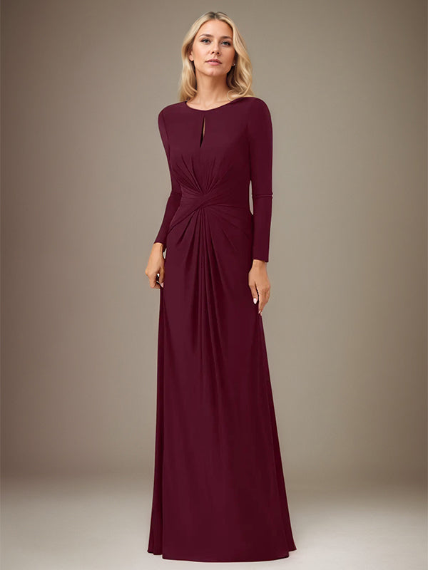 A Line Cabernet Stretch Crepe Scoop Neck Long Sleeves Floor Length Dress - VelvetHem