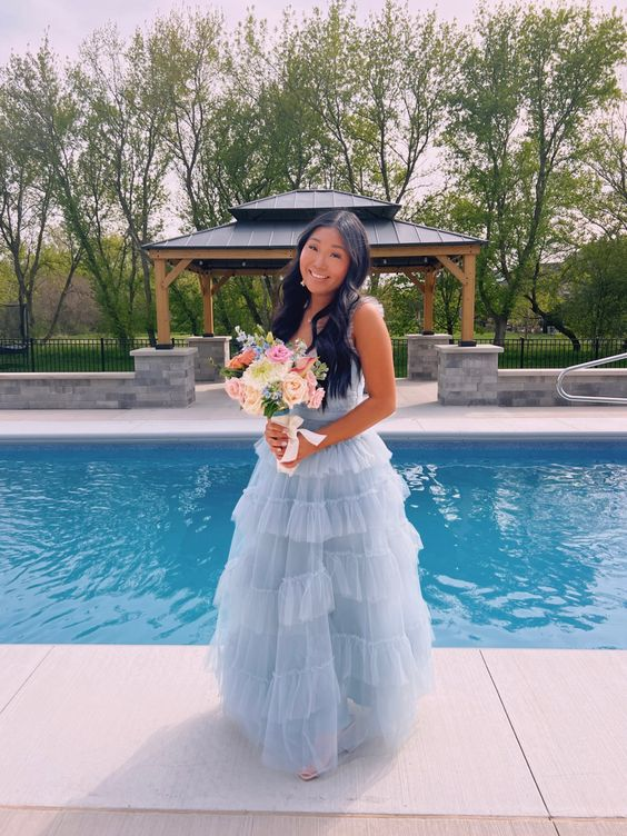 Light Blue Tulle Pleated Floor Length Junior Prom Dress - VelvetHem