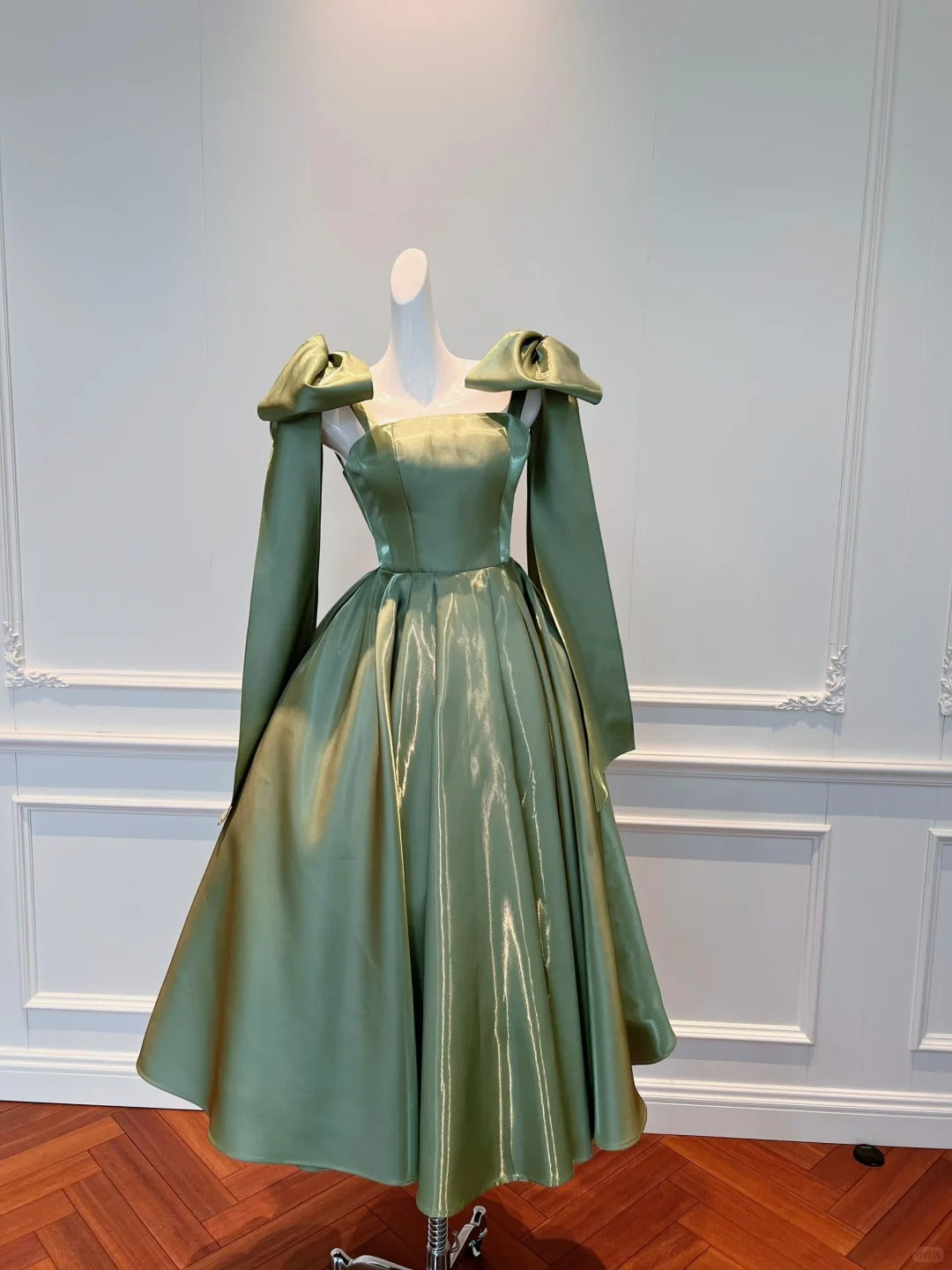 Vintage Olive Green A-line Bow Strap Satin Tea-length Prom Dress Evening Dress - VelvetHem