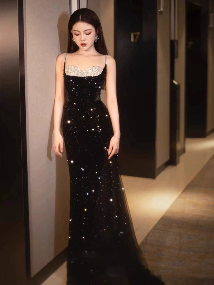 Elegant Mermaid Spaghetti Straps Black Sequin Long Prom Dresses Party Dress With Beads - View 7 | VelvetHem