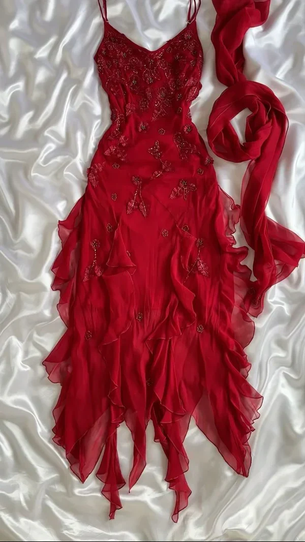 Red Chiffon Beaded Long Party Evening Gown Formal Prom Dress Y7528 - VelvetHem