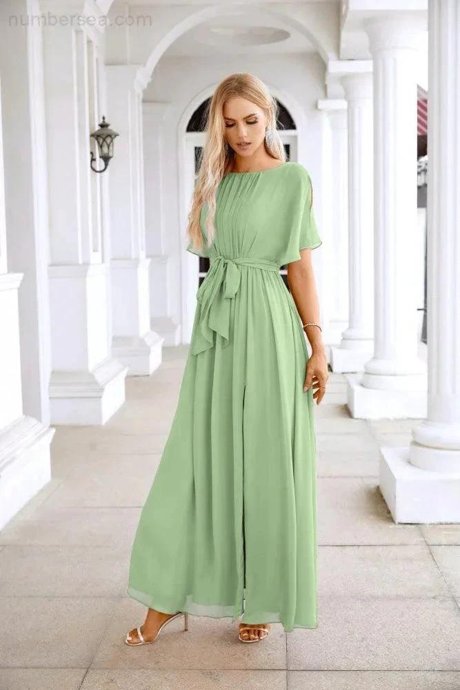 Ladies Chiffon Sleeve Crew Neck Front Slit Floor Length Bridesmaid Evening Dress Wedding Party Evening Dress 28124 (ZD17007)
