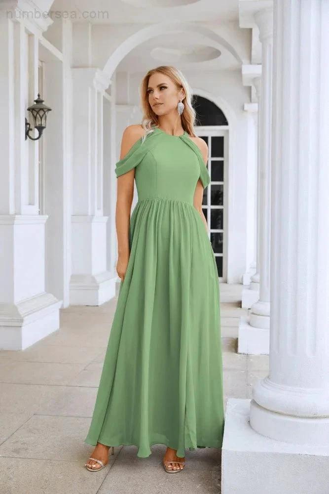 Ladies Chiffon Off Shoulder Swing Sleeve Front Slit Bridesmaid Evening Dress Wedding Party Evening Dress 28117 (ZD17011)