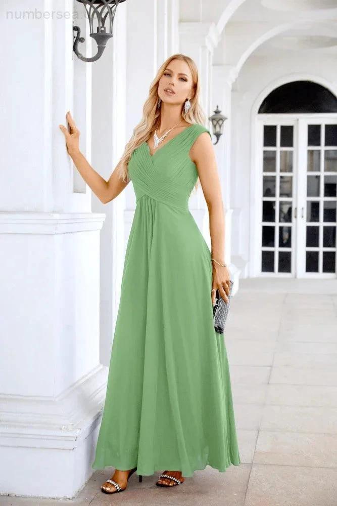 Ladies Chiffon V Neck Sleeveless Floor Length Bridesmaid Evening Dress Wedding Party Evening Dress 28126 (ZD16989)