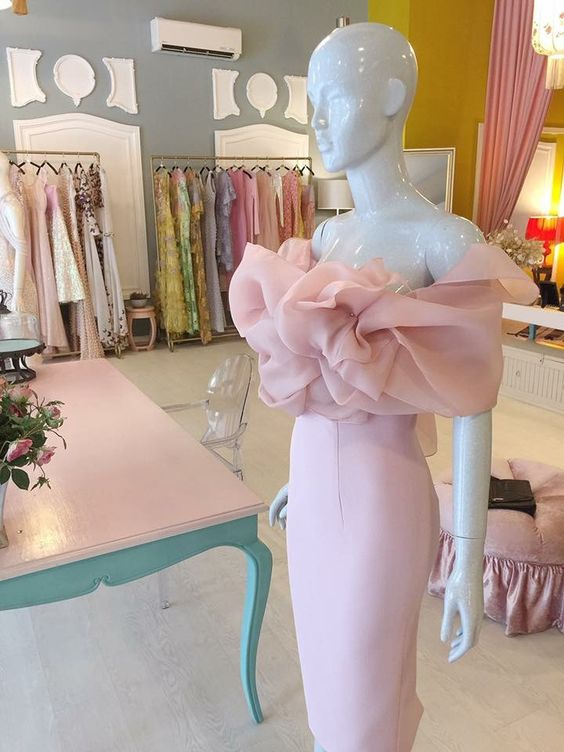 Classy Pink Off The Shoulder Sheath Prom Dress,Pink Formal Gown - VelvetHem
