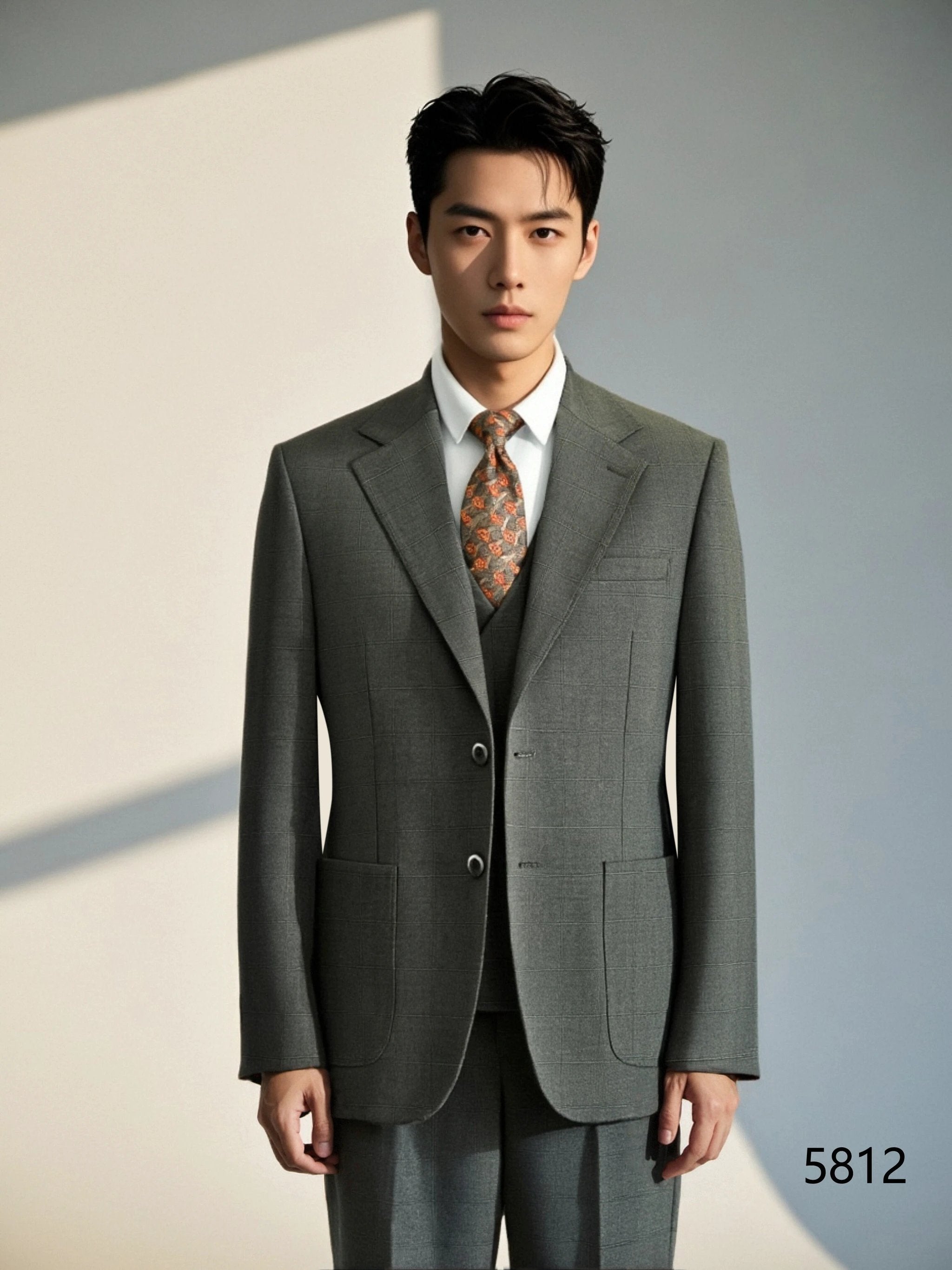 Charcoal Grey Windowpane Wool Three Piece Wedding Suit for Groom (ZD17115)