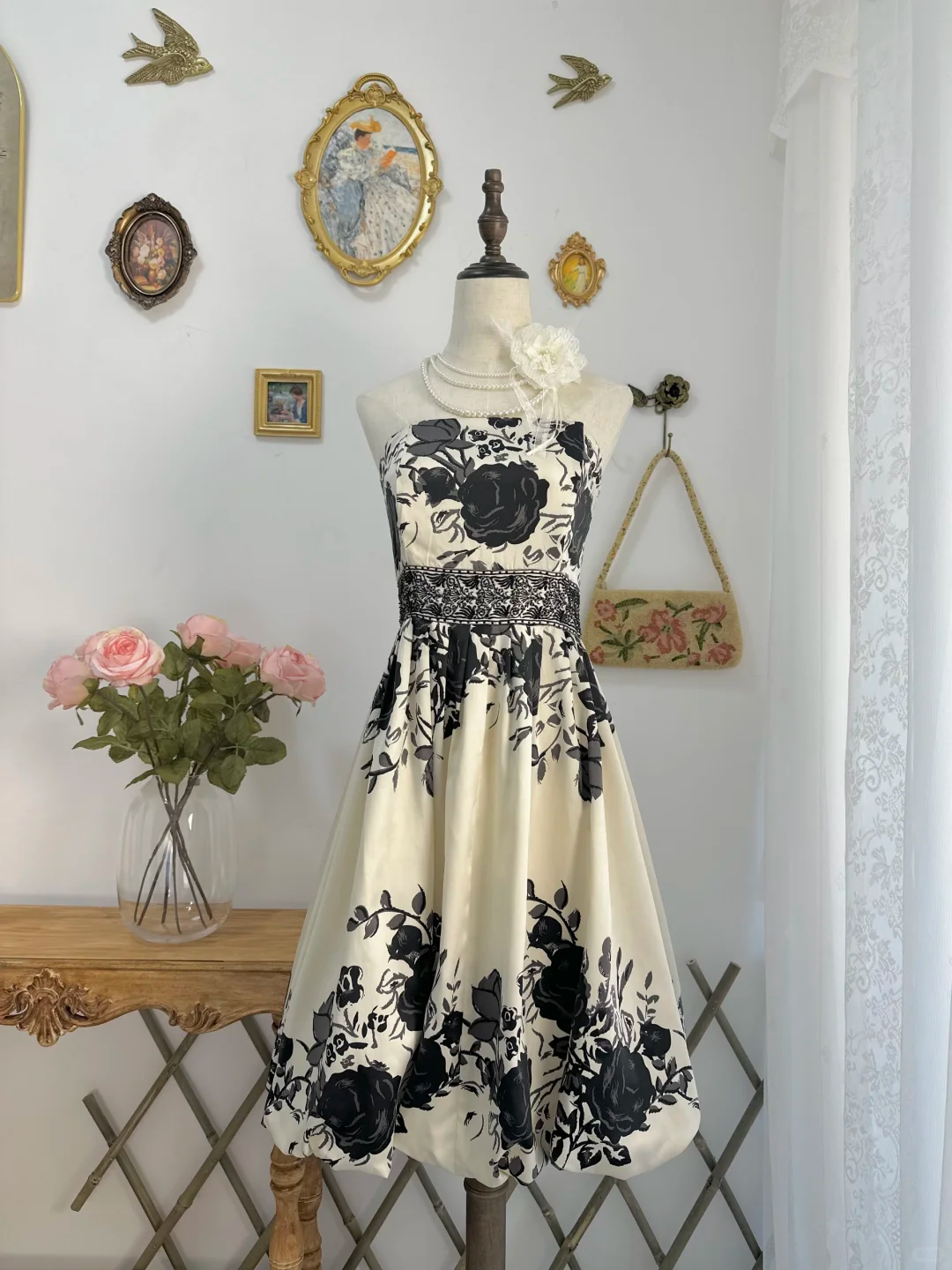 Vintage Strapless Satin Print Floral A Line Short Prom Dress Formal Homecoming Dress