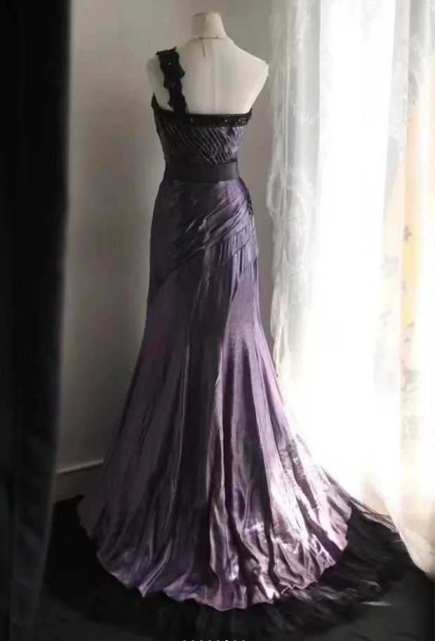 Unique One Shoulder Purple Satin Pleated Tulle Appliques Long Party Dress Birthday Prom Dress - View 5 | VelvetHem